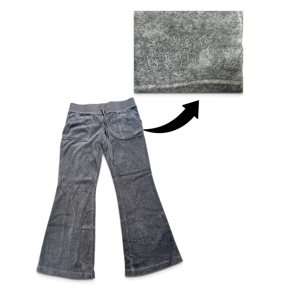 Juicy Couture Vintage Y2K Gray Velour Flare Track Pants XS Crystal Logo Pockets
